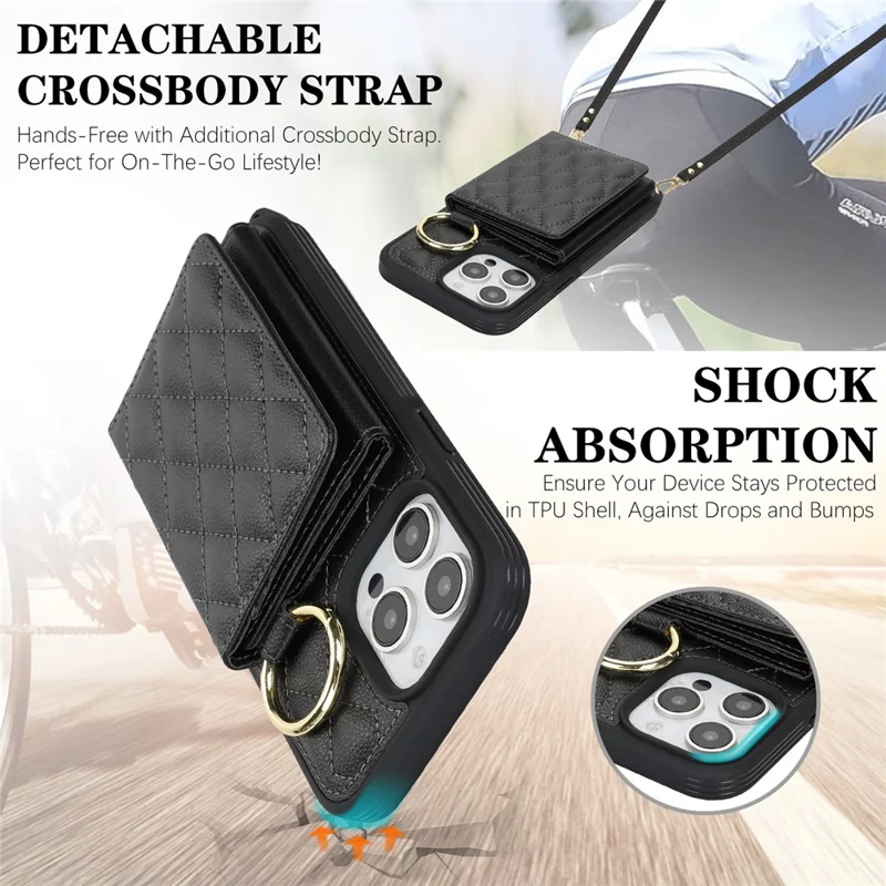 For iPhone 14 Pro Case with Lanyard  /  Mirror  /  Card Holder Grids Pattern RFID Blocking Phone Cover - Black