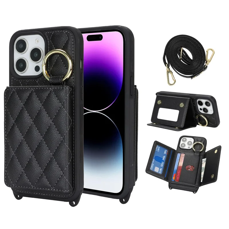 For iPhone 14 Pro Max Case with Lanyard  /  Mirror  /  Card Holder Grids Pattern RFID Blocking Phone Cover - Black
