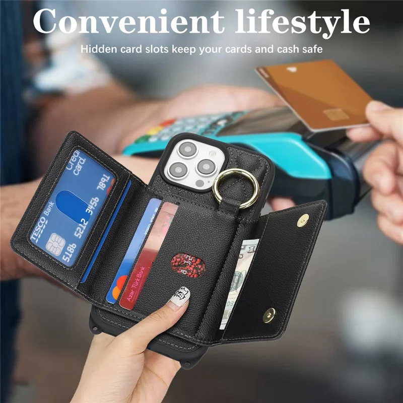 For iPhone 14 Pro Max Case with Lanyard  /  Mirror  /  Card Holder Grids Pattern RFID Blocking Phone Cover - Black