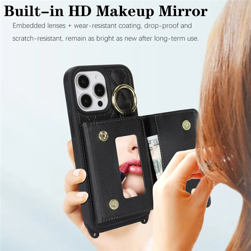 For iPhone 14 Pro Max Case with Lanyard  /  Mirror  /  Card Holder Grids Pattern RFID Blocking Phone Cover - Black