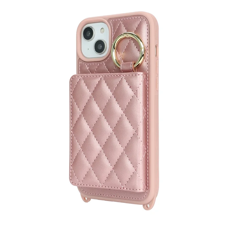 For iPhone 15 Plus / 14 Plus Case with Lanyard  /  Mirror  /  Card Holder Grids Pattern RFID Blocking Phone Cover - Rose Gold