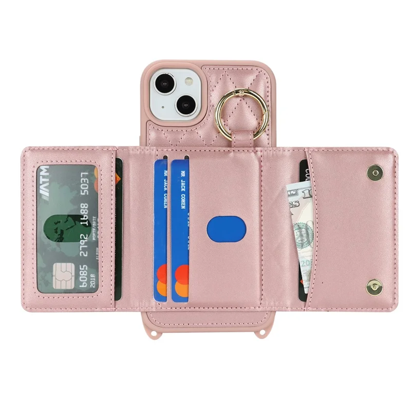 For iPhone 15 Plus / 14 Plus Case with Lanyard  /  Mirror  /  Card Holder Grids Pattern RFID Blocking Phone Cover - Rose Gold