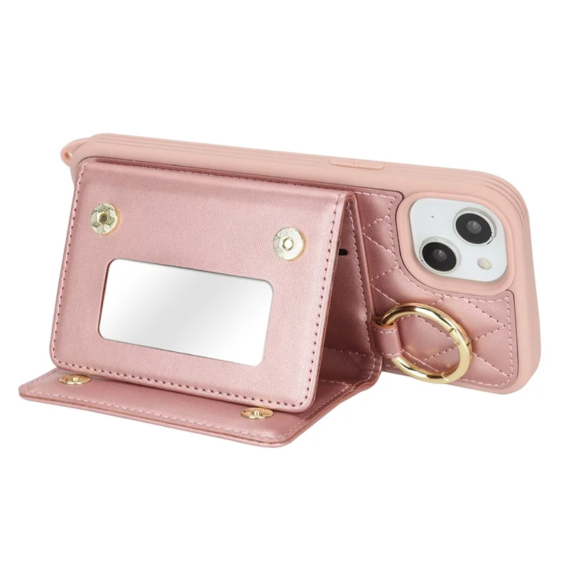 For iPhone 15 Plus / 14 Plus Case with Lanyard  /  Mirror  /  Card Holder Grids Pattern RFID Blocking Phone Cover - Rose Gold