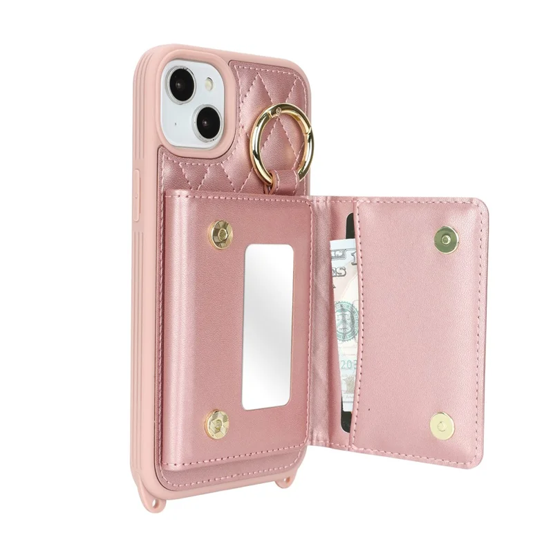 For iPhone 15 Plus / 14 Plus Case with Lanyard  /  Mirror  /  Card Holder Grids Pattern RFID Blocking Phone Cover - Rose Gold