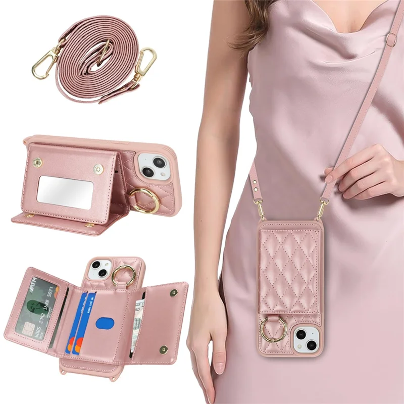 For iPhone 15 Plus / 14 Plus Case with Lanyard  /  Mirror  /  Card Holder Grids Pattern RFID Blocking Phone Cover - Rose Gold