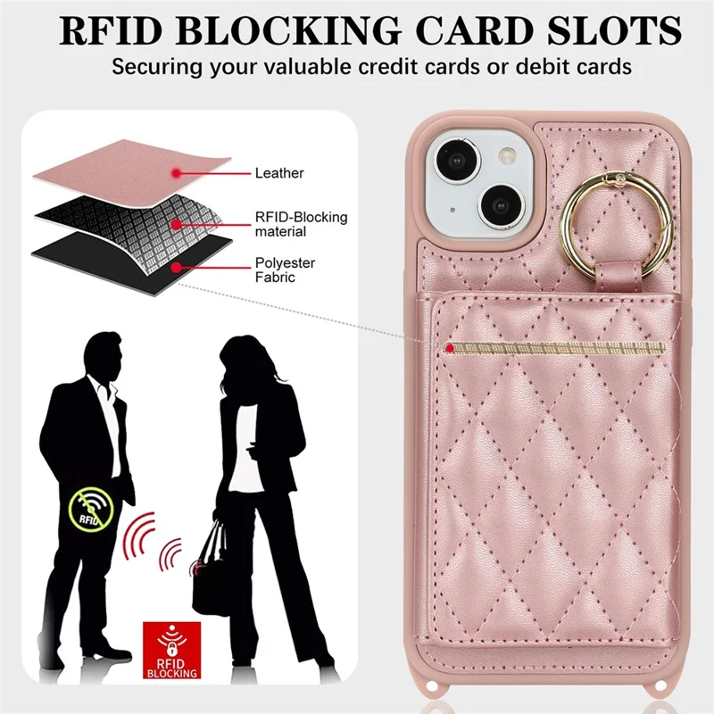 For iPhone 15 Plus / 14 Plus Case with Lanyard  /  Mirror  /  Card Holder Grids Pattern RFID Blocking Phone Cover - Rose Gold