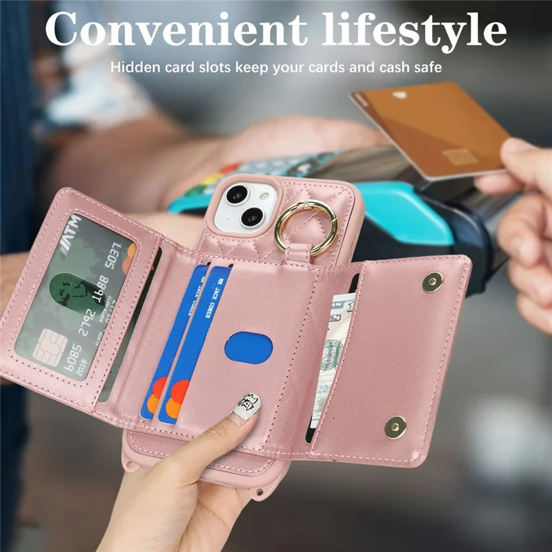 For iPhone 15 Plus / 14 Plus Case with Lanyard  /  Mirror  /  Card Holder Grids Pattern RFID Blocking Phone Cover - Rose Gold