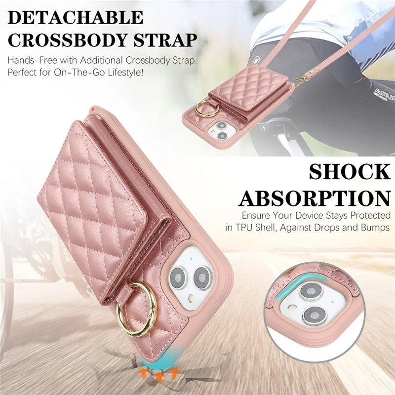 For iPhone 15 Plus / 14 Plus Case with Lanyard  /  Mirror  /  Card Holder Grids Pattern RFID Blocking Phone Cover - Rose Gold