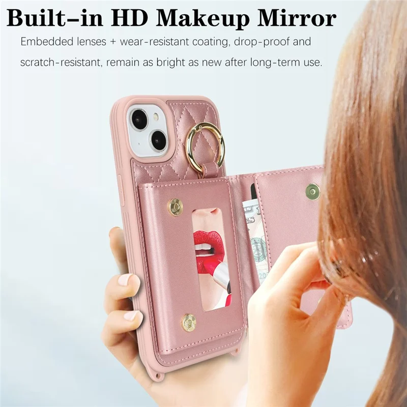 For iPhone 15 Plus / 14 Plus Case with Lanyard  /  Mirror  /  Card Holder Grids Pattern RFID Blocking Phone Cover - Rose Gold