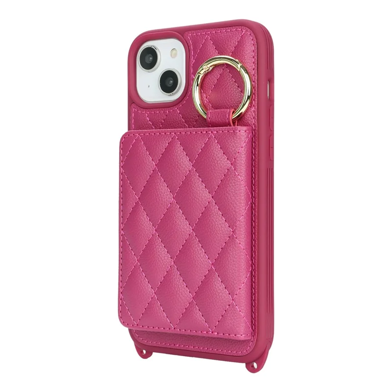 For iPhone 15 Plus / 14 Plus Case with Lanyard  /  Mirror  /  Card Holder Grids Pattern RFID Blocking Phone Cover - Rose