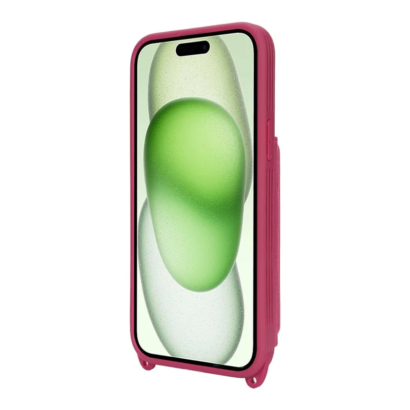 For iPhone 15 Plus / 14 Plus Case with Lanyard  /  Mirror  /  Card Holder Grids Pattern RFID Blocking Phone Cover - Rose