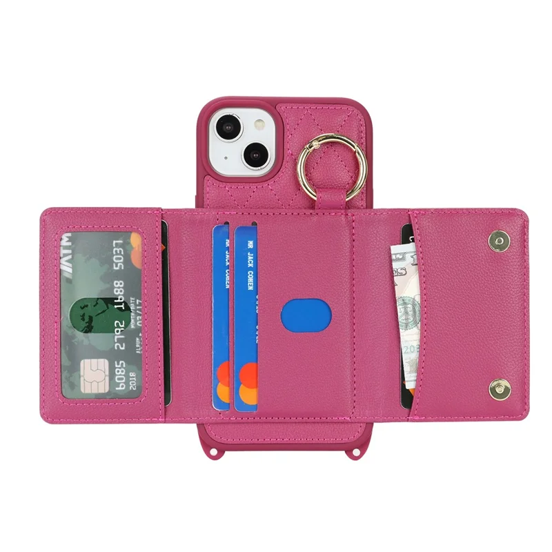 For iPhone 15 Plus / 14 Plus Case with Lanyard  /  Mirror  /  Card Holder Grids Pattern RFID Blocking Phone Cover - Rose