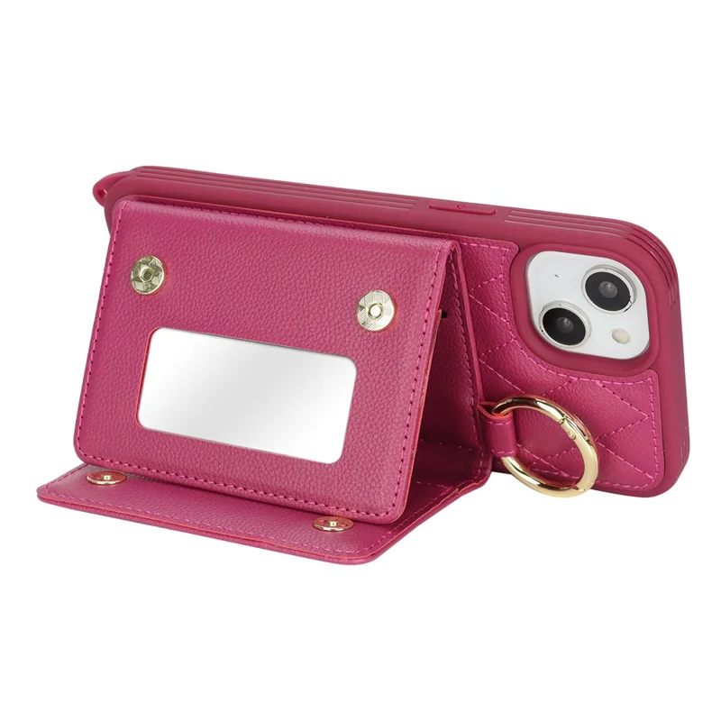 For iPhone 15 Plus / 14 Plus Case with Lanyard  /  Mirror  /  Card Holder Grids Pattern RFID Blocking Phone Cover - Rose