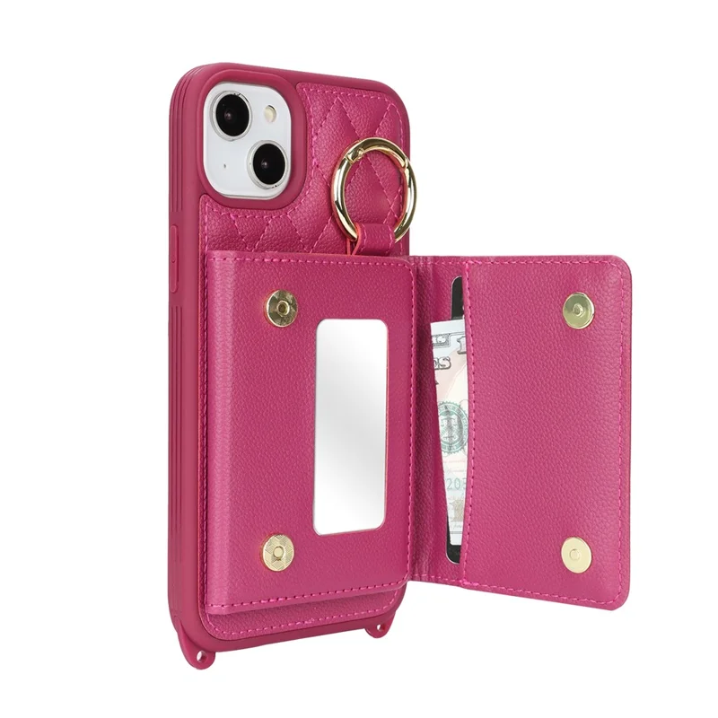For iPhone 15 Plus / 14 Plus Case with Lanyard  /  Mirror  /  Card Holder Grids Pattern RFID Blocking Phone Cover - Rose