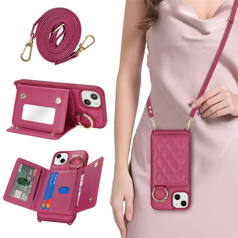 For iPhone 15 Plus / 14 Plus Case with Lanyard  /  Mirror  /  Card Holder Grids Pattern RFID Blocking Phone Cover - Rose