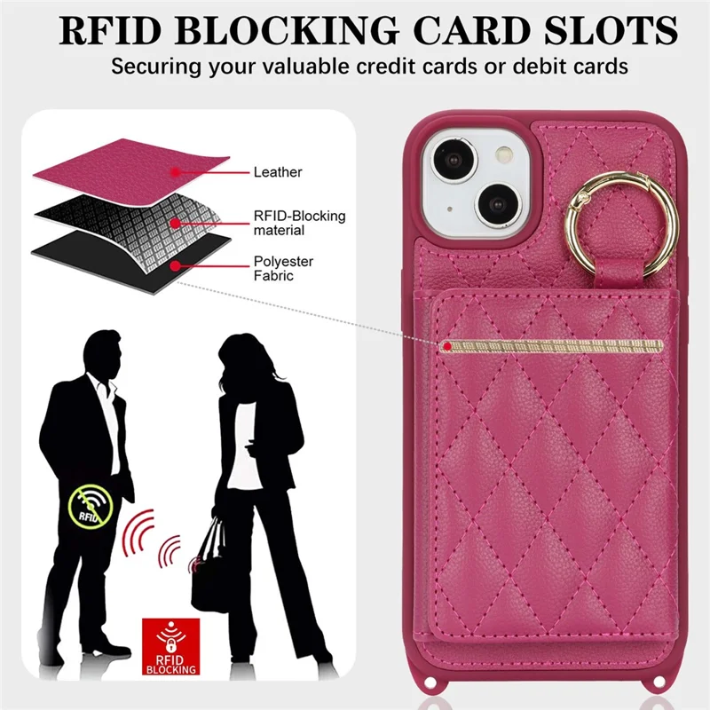 For iPhone 15 Plus / 14 Plus Case with Lanyard  /  Mirror  /  Card Holder Grids Pattern RFID Blocking Phone Cover - Rose