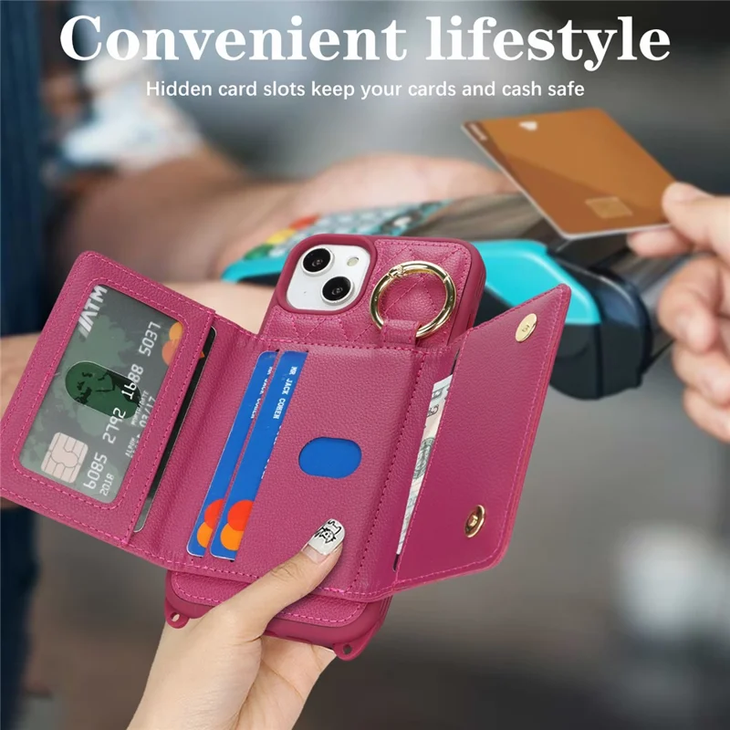 For iPhone 15 Plus / 14 Plus Case with Lanyard  /  Mirror  /  Card Holder Grids Pattern RFID Blocking Phone Cover - Rose