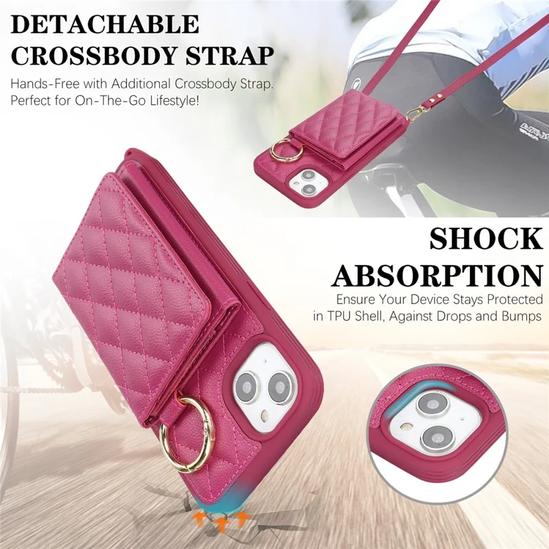 For iPhone 15 Plus / 14 Plus Case with Lanyard  /  Mirror  /  Card Holder Grids Pattern RFID Blocking Phone Cover - Rose