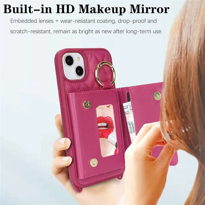For iPhone 15 Plus / 14 Plus Case with Lanyard  /  Mirror  /  Card Holder Grids Pattern RFID Blocking Phone Cover - Rose
