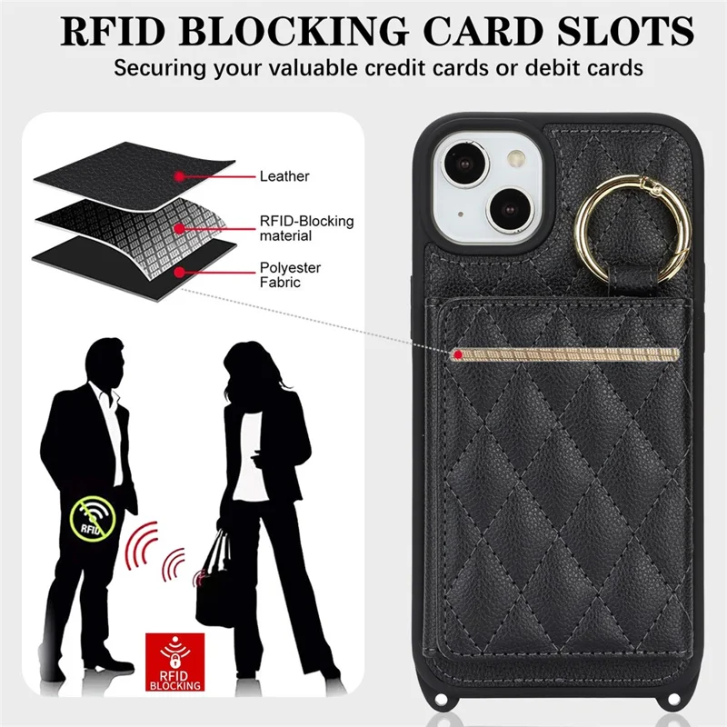 For iPhone 15 Case with Lanyard  /  Mirror  /  Card Holder Grids Pattern RFID Blocking Phone Cover - Black