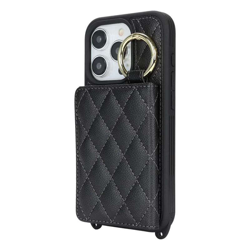 For iPhone 15 Pro Case with Lanyard  /  Mirror  /  Card Holder Grids Pattern RFID Blocking Phone Cover - Black