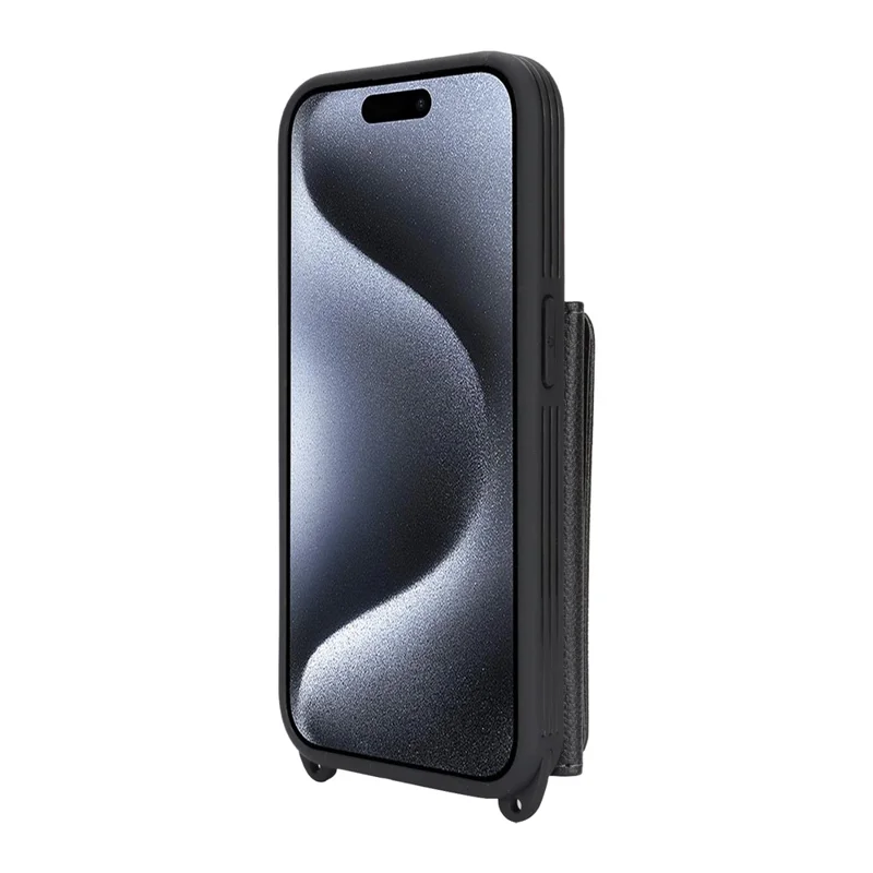 For iPhone 15 Pro Case with Lanyard  /  Mirror  /  Card Holder Grids Pattern RFID Blocking Phone Cover - Black