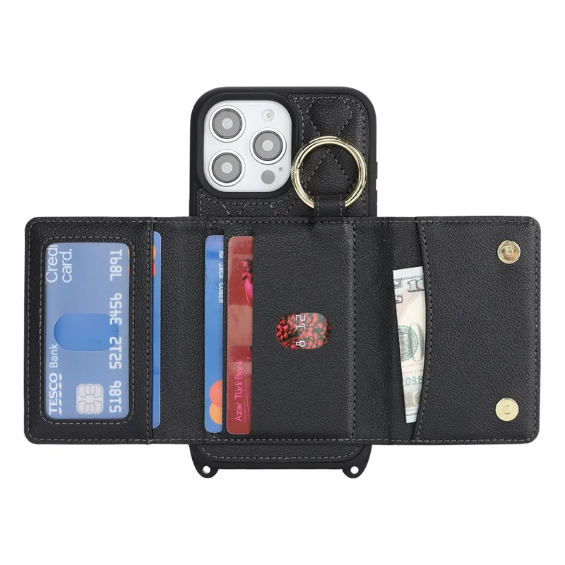 For iPhone 15 Pro Case with Lanyard  /  Mirror  /  Card Holder Grids Pattern RFID Blocking Phone Cover - Black