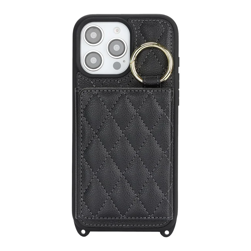 For iPhone 15 Pro Max Case with Lanyard  /  Mirror  /  Card Holder Grids Pattern RFID Blocking Phone Cover - Black