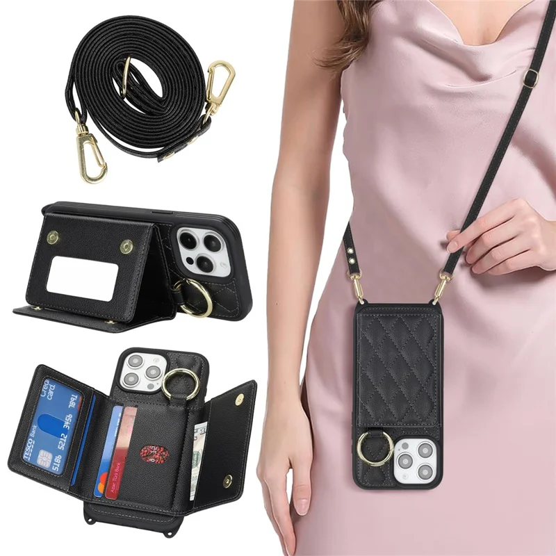 For iPhone 15 Pro Max Case with Lanyard  /  Mirror  /  Card Holder Grids Pattern RFID Blocking Phone Cover - Black
