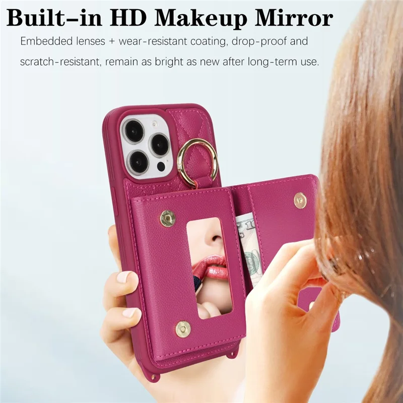 For iPhone 15 Pro Max Case with Lanyard  /  Mirror  /  Card Holder Grids Pattern RFID Blocking Phone Cover - Rose