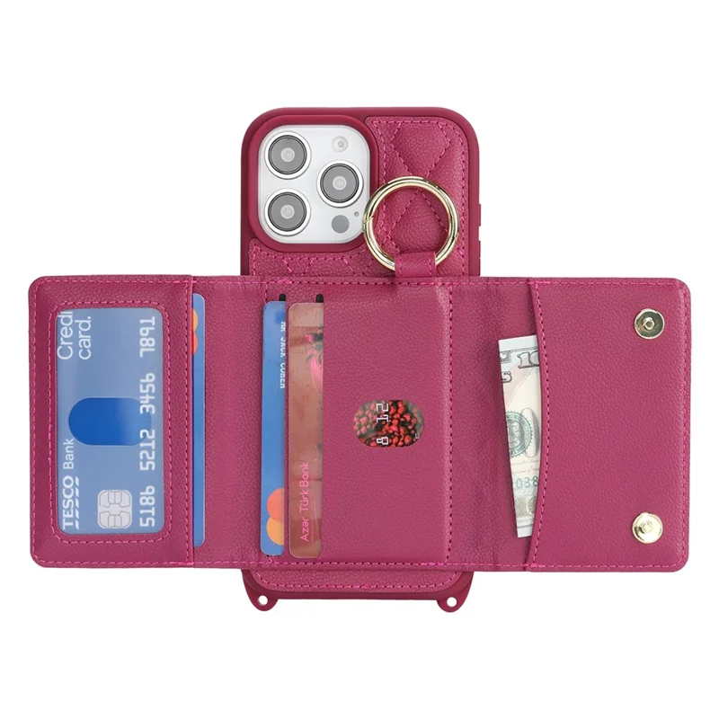 For iPhone 15 Pro Max Case with Lanyard  /  Mirror  /  Card Holder Grids Pattern RFID Blocking Phone Cover - Rose