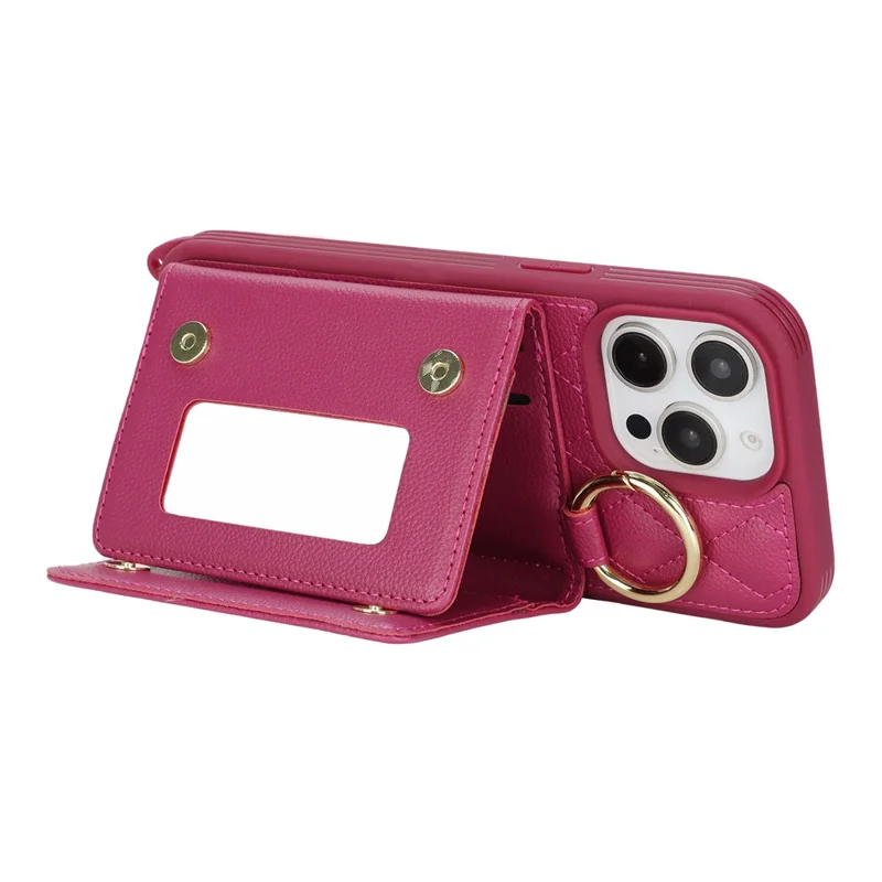 For iPhone 15 Pro Max Case with Lanyard  /  Mirror  /  Card Holder Grids Pattern RFID Blocking Phone Cover - Rose