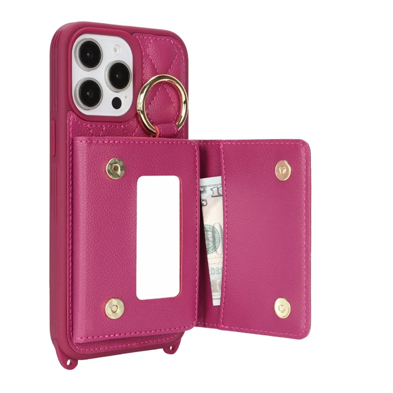 For iPhone 15 Pro Max Case with Lanyard  /  Mirror  /  Card Holder Grids Pattern RFID Blocking Phone Cover - Rose