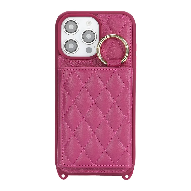 For iPhone 15 Pro Max Case with Lanyard  /  Mirror  /  Card Holder Grids Pattern RFID Blocking Phone Cover - Rose