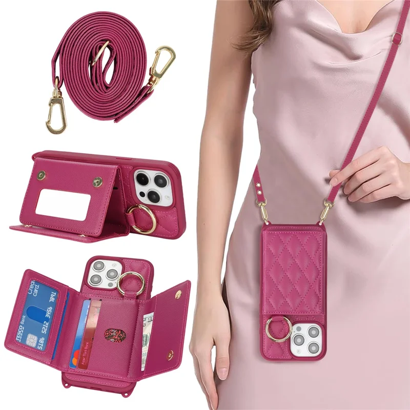For iPhone 15 Pro Max Case with Lanyard  /  Mirror  /  Card Holder Grids Pattern RFID Blocking Phone Cover - Rose