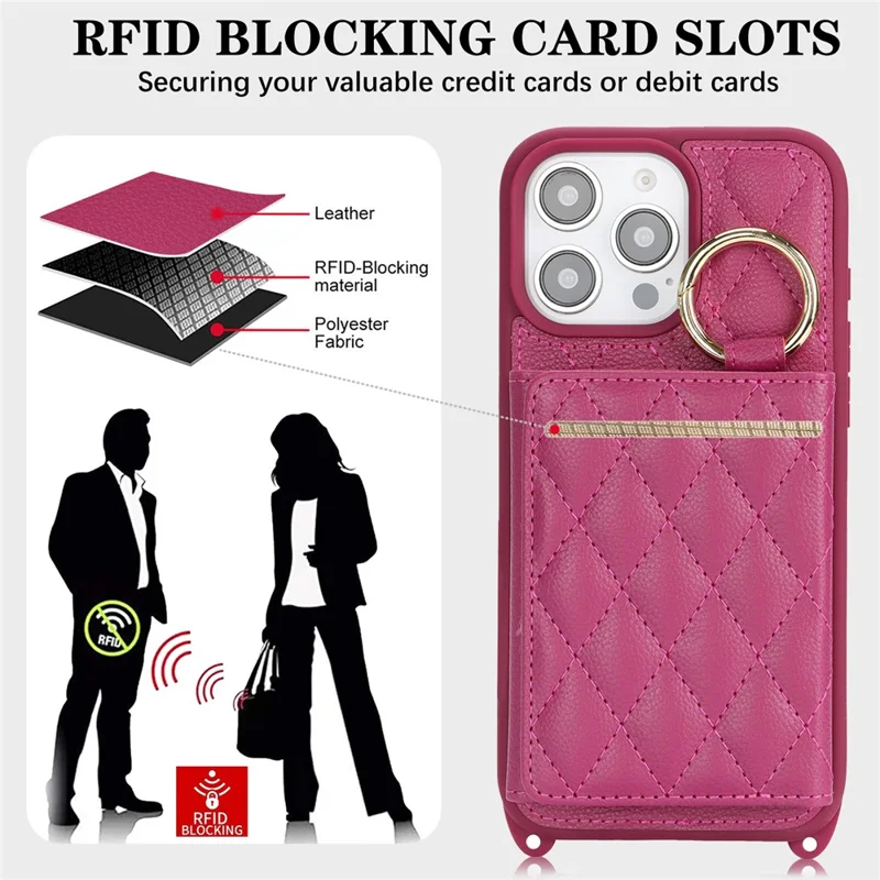 For iPhone 15 Pro Max Case with Lanyard  /  Mirror  /  Card Holder Grids Pattern RFID Blocking Phone Cover - Rose