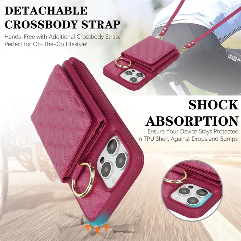 For iPhone 15 Pro Max Case with Lanyard  /  Mirror  /  Card Holder Grids Pattern RFID Blocking Phone Cover - Rose
