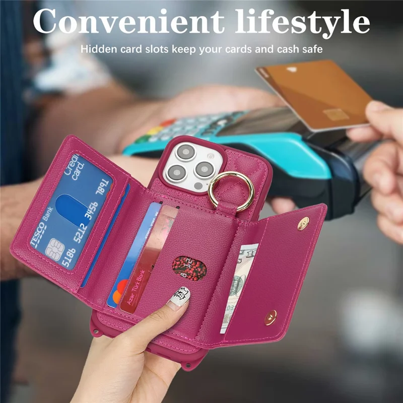 For iPhone 15 Pro Max Case with Lanyard  /  Mirror  /  Card Holder Grids Pattern RFID Blocking Phone Cover - Rose