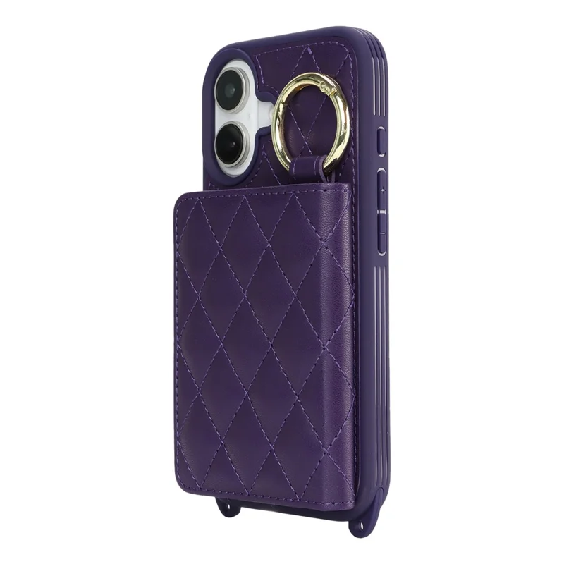 For iPhone 16 Case with Lanyard  /  Mirror  /  Card Holder Grids Pattern RFID Blocking Phone Cover - Purple