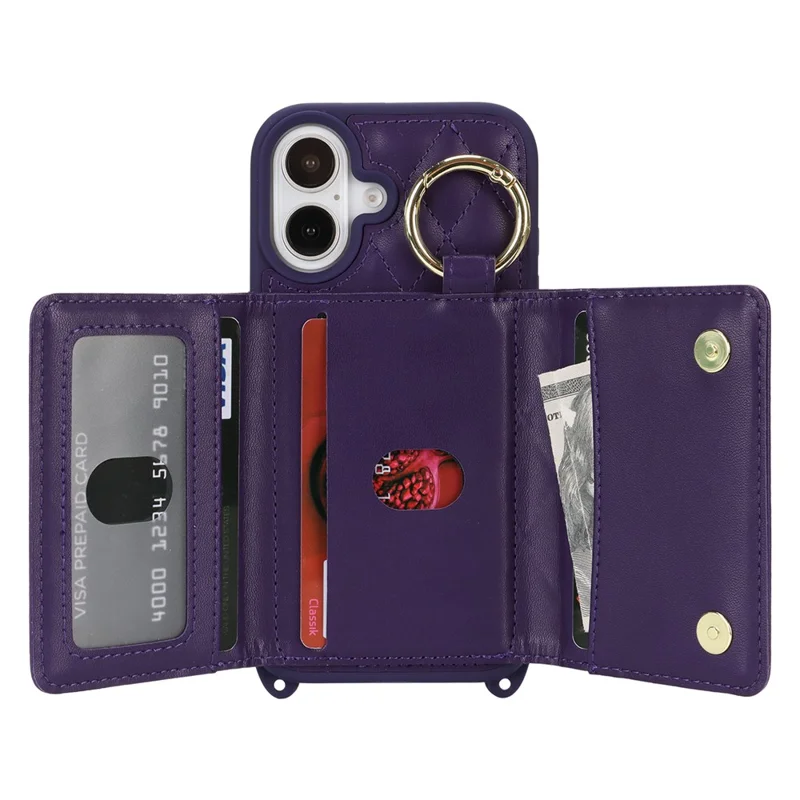 For iPhone 16 Case with Lanyard  /  Mirror  /  Card Holder Grids Pattern RFID Blocking Phone Cover - Purple