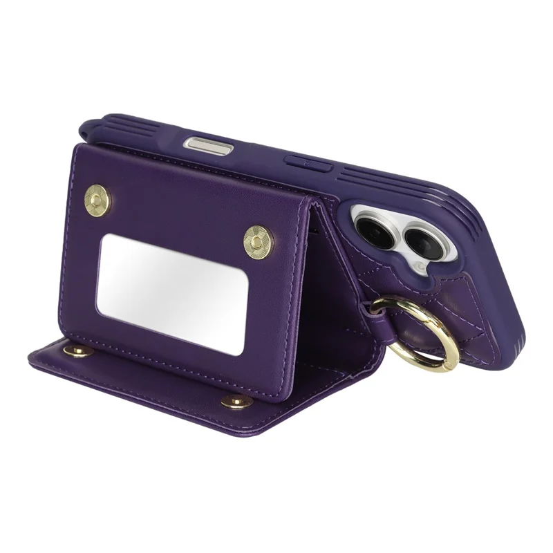 For iPhone 16 Case with Lanyard  /  Mirror  /  Card Holder Grids Pattern RFID Blocking Phone Cover - Purple