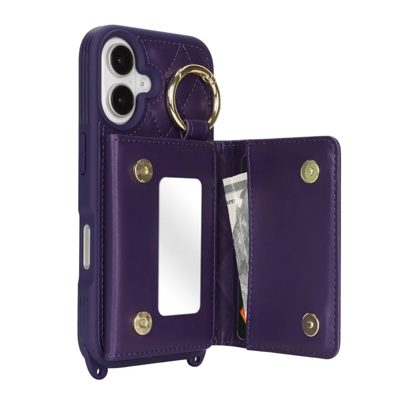 For iPhone 16 Case with Lanyard  /  Mirror  /  Card Holder Grids Pattern RFID Blocking Phone Cover - Purple