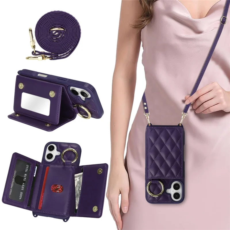 For iPhone 16 Case with Lanyard  /  Mirror  /  Card Holder Grids Pattern RFID Blocking Phone Cover - Purple