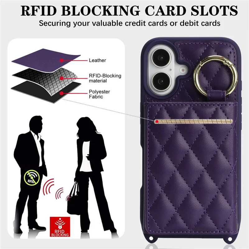 For iPhone 16 Case with Lanyard  /  Mirror  /  Card Holder Grids Pattern RFID Blocking Phone Cover - Purple