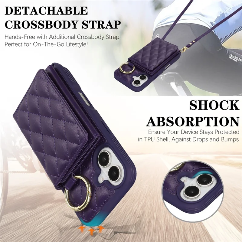 For iPhone 16 Case with Lanyard  /  Mirror  /  Card Holder Grids Pattern RFID Blocking Phone Cover - Purple