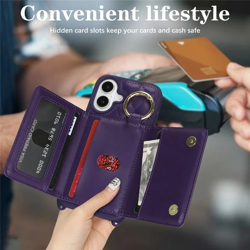 For iPhone 16 Case with Lanyard  /  Mirror  /  Card Holder Grids Pattern RFID Blocking Phone Cover - Purple