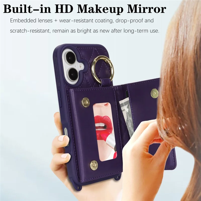 For iPhone 16 Case with Lanyard  /  Mirror  /  Card Holder Grids Pattern RFID Blocking Phone Cover - Purple