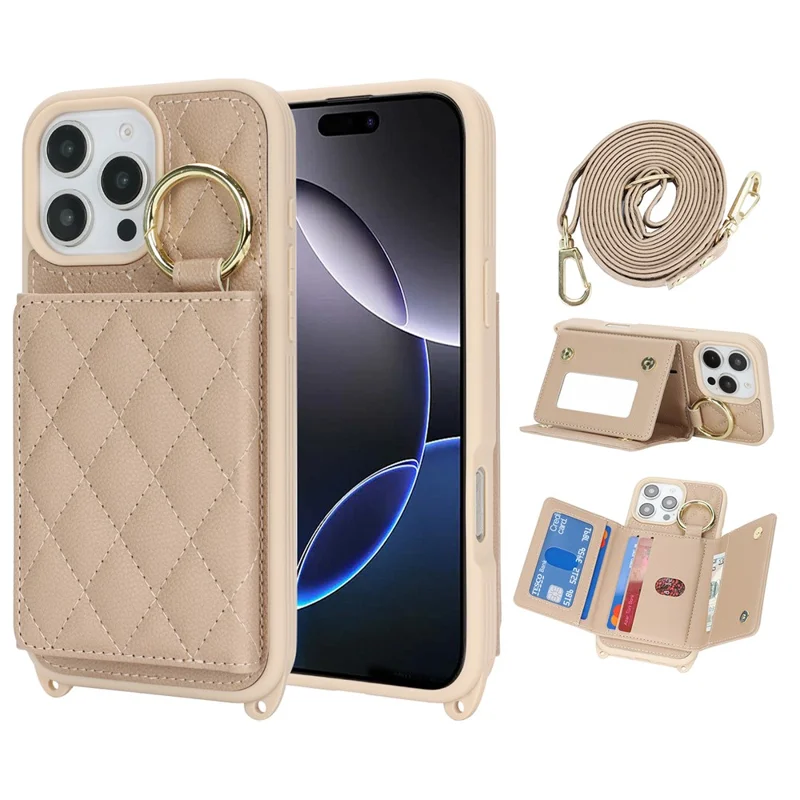 Custodia iPhone 16 Pro con cordino / Specchio / Porta carte di credito Grids Pattern RFID Blocking - Beige