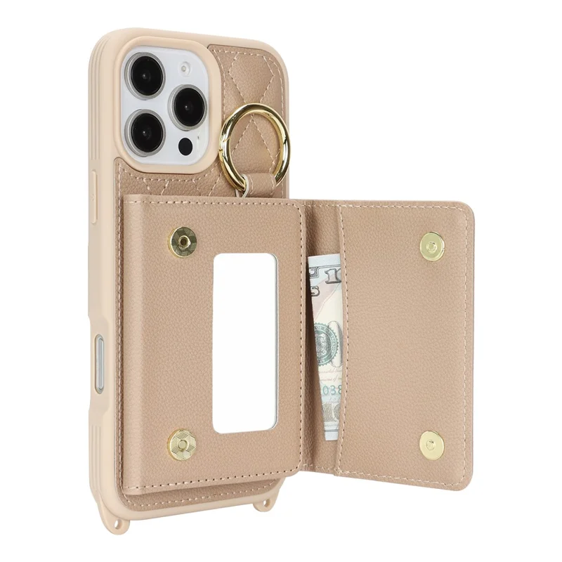 Custodia iPhone 16 Pro con cordino / Specchio / Porta carte di credito Grids Pattern RFID Blocking - Beige