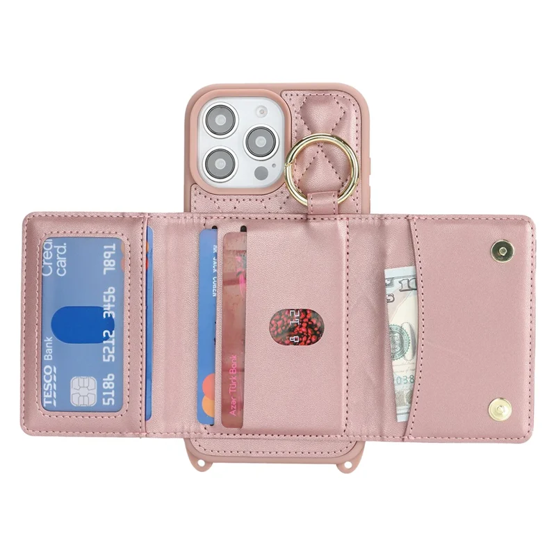 For iPhone 16 Pro Case with Lanyard  /  Mirror  /  Card Holder Grids Pattern RFID Blocking Phone Cover - Rose Gold